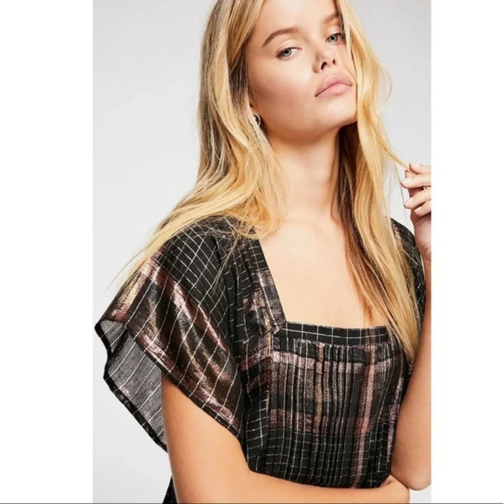 Free People Metallic Plaid Mini Dress Black Barcelona XS Pintuck Lined Breezy - Picture 3 of 4